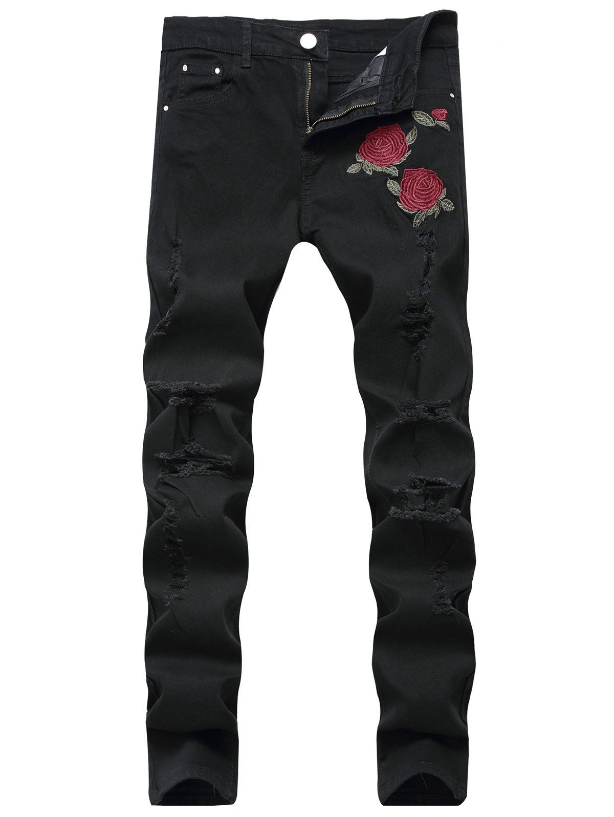 

Rose Embroidery Ripped Stretch Jeans, Black