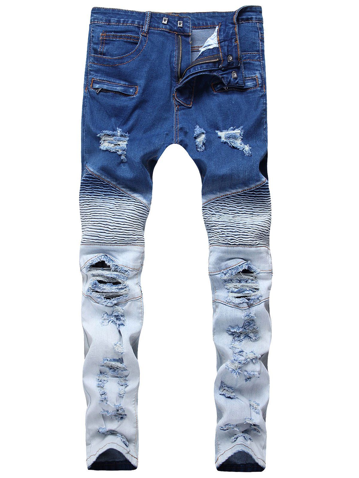 

Gradient Color Pleated Zippers Ripped Skinny Bike Jeans, Deep blue