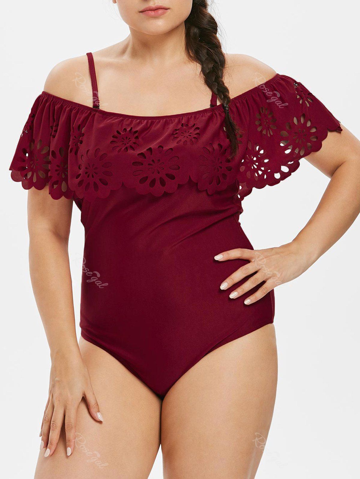 

Plus Size One Piece Scalloped Overlay Swimsuit, Red wine