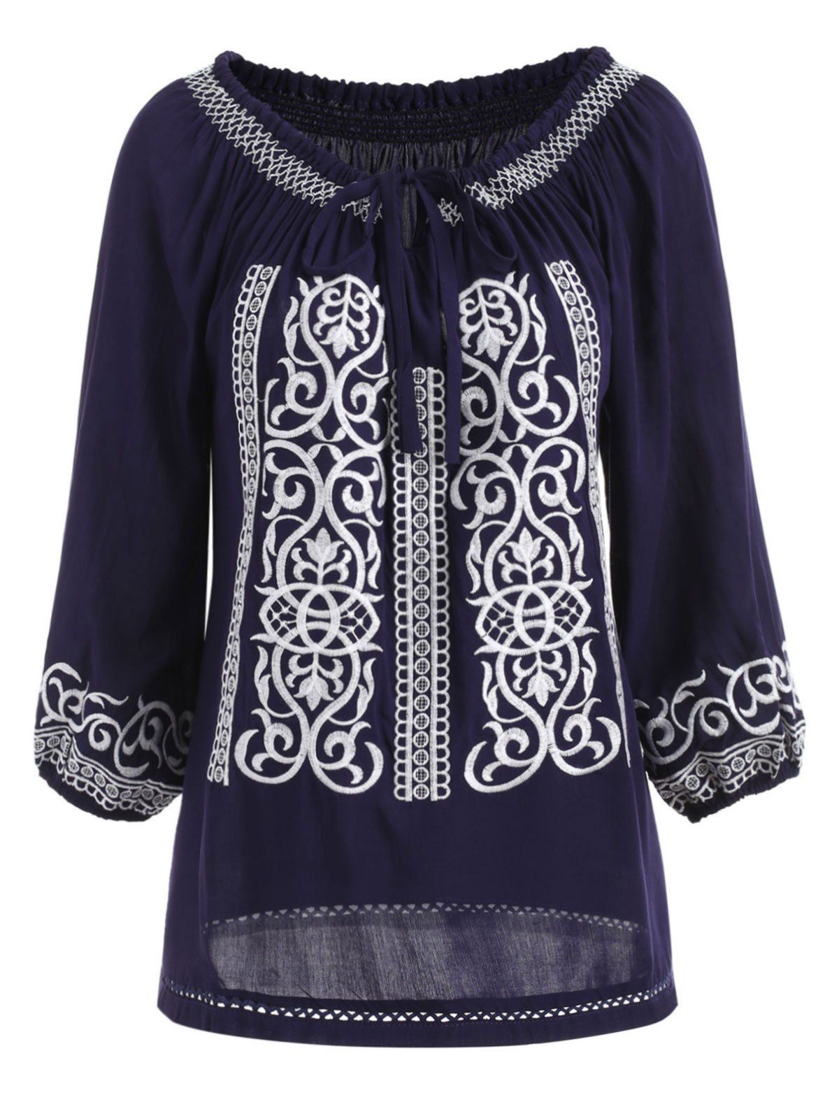 

Self Tie Embroidery Blouse, Navy blue