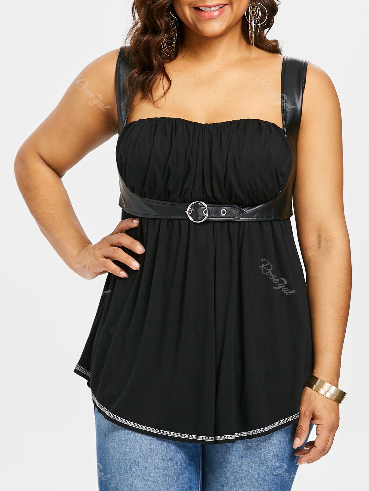 

Plus Size PU Leather Trim Gothic Tank Top, Black