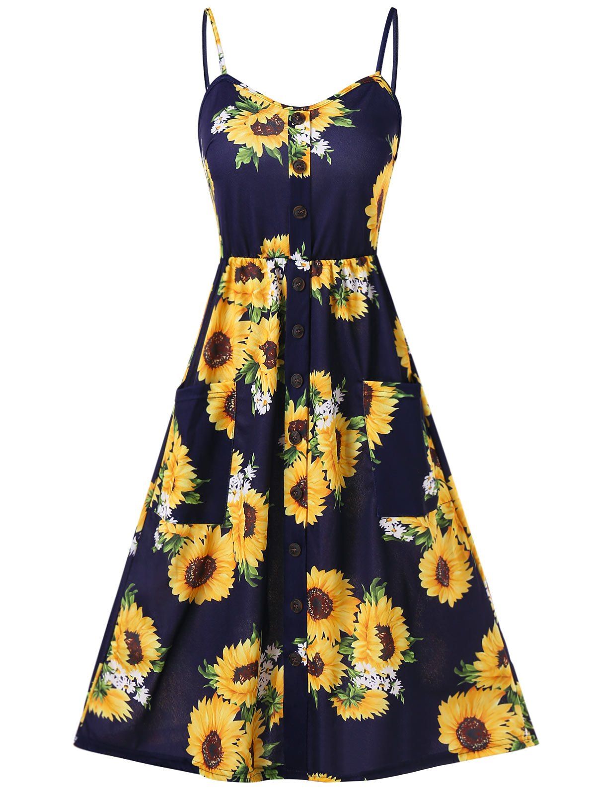 

Spaghetti Strap Sunflower Print Buttoned Mini Dress, Deep blue