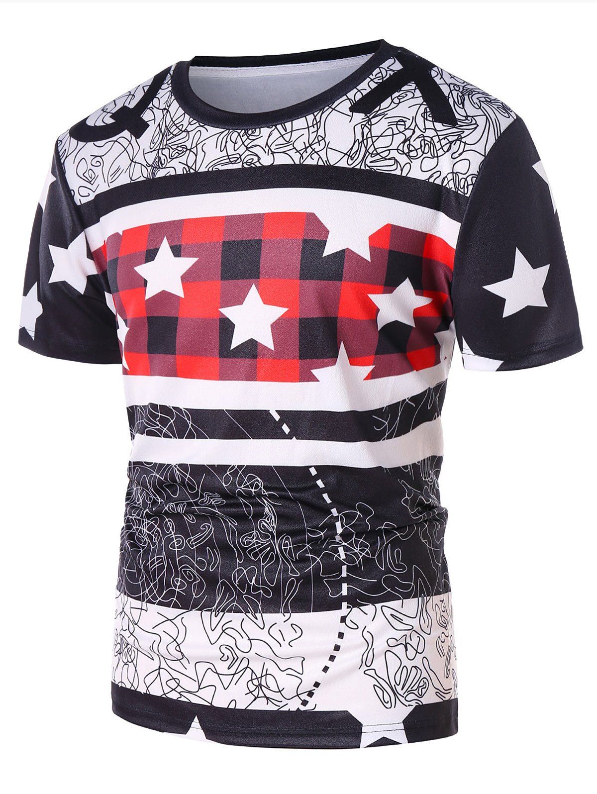 

Plaid Star Print Round Neck T-shirt, Black