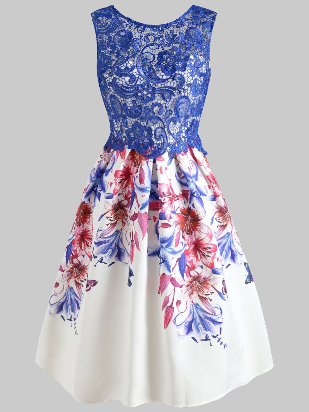 

See Through Lace Panel Floral Flared Dress, Blue