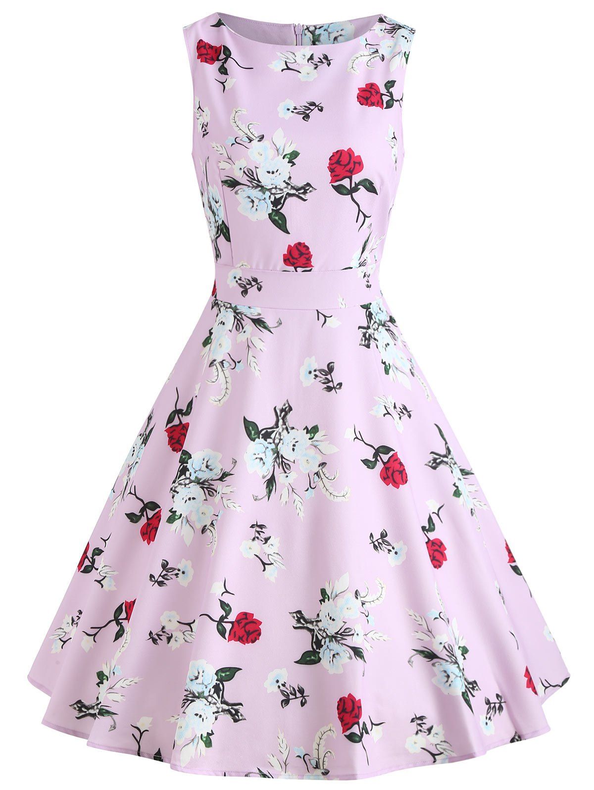 

Vintage Floral Print Fit and Flare Dress, Blossom pink