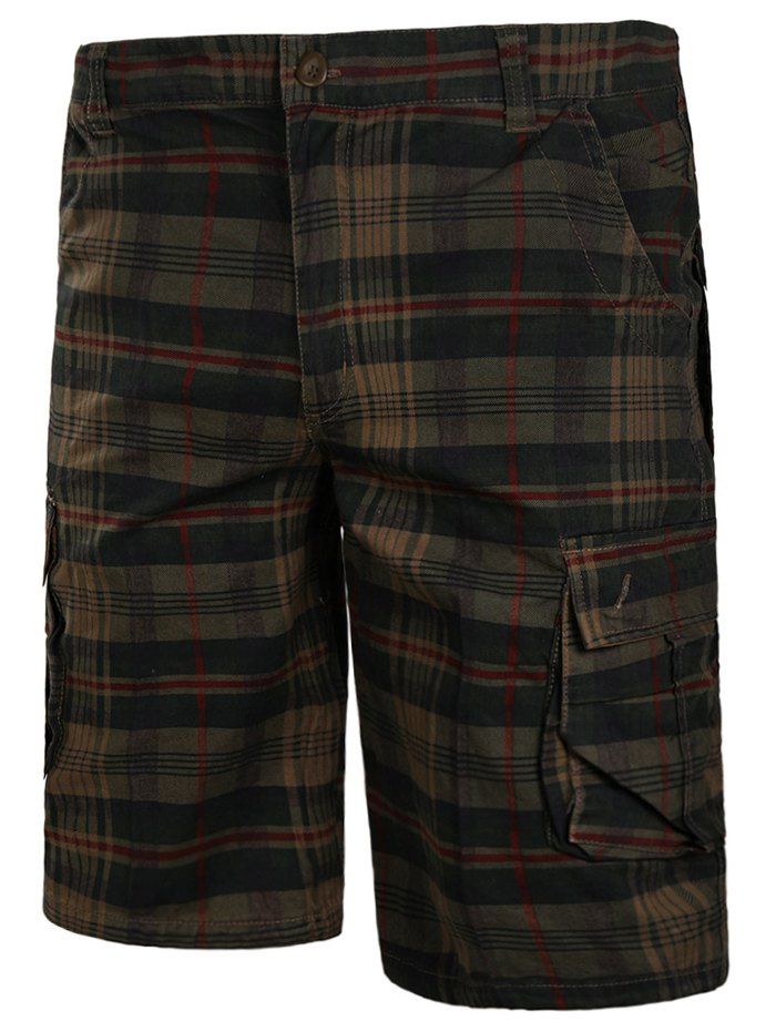 

Check Print Multi-pockets Cargo Shorts, Dark khaki