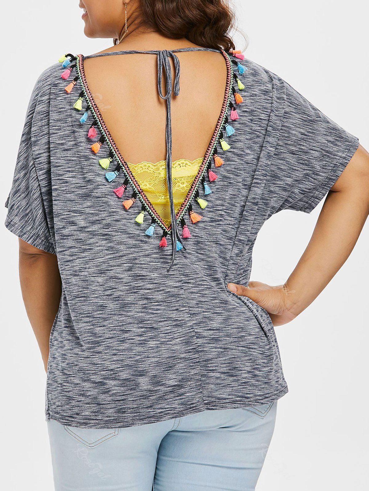 

Plus Size Batwing Sleeve T-shirt with Tassels, Gray