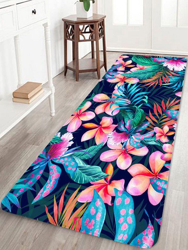 

Flower Plant Print Coral Fleece Floor Mat, Hot pink