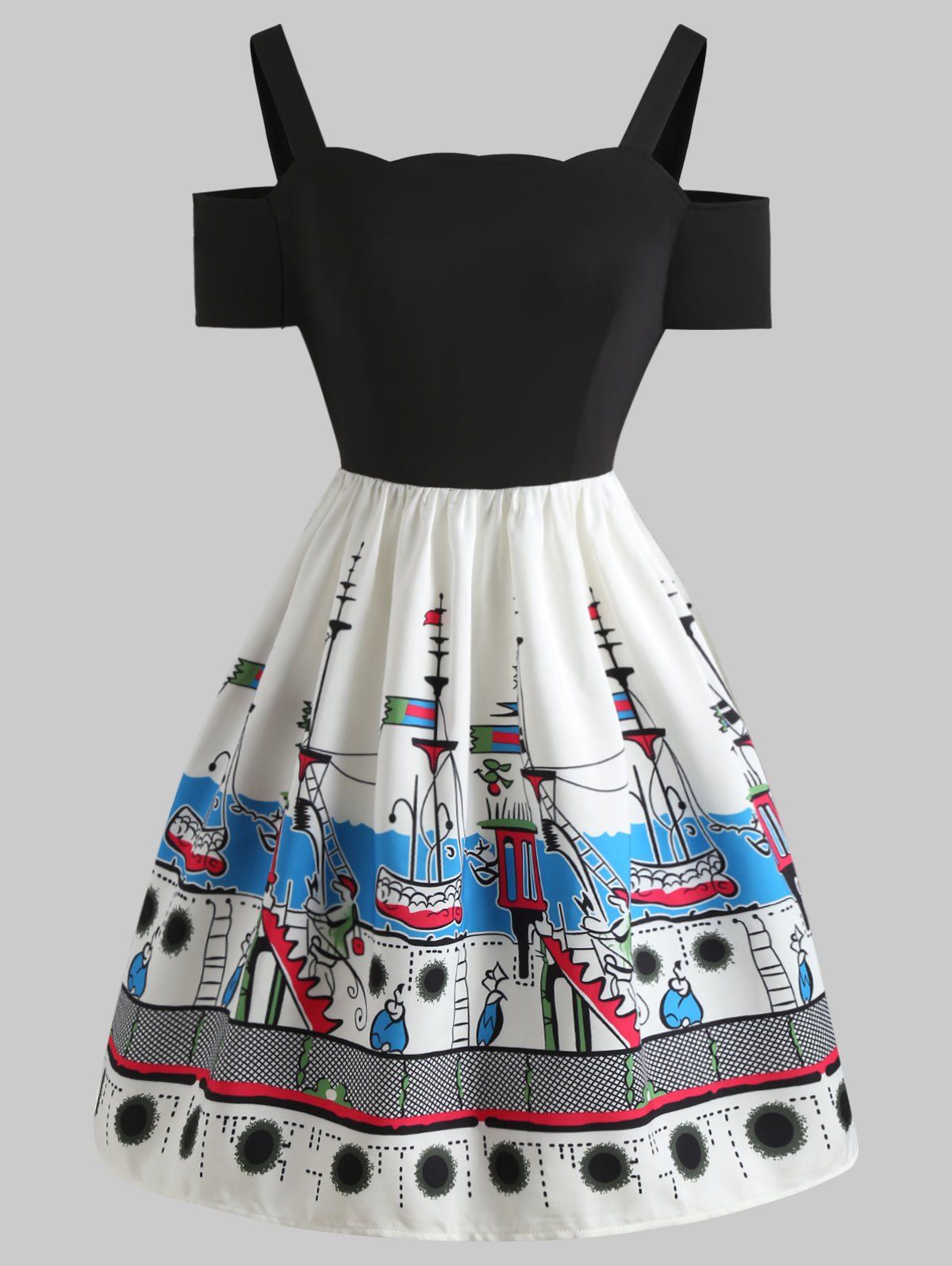 

Cold Shoulder Ships Print Flare Dress, Black