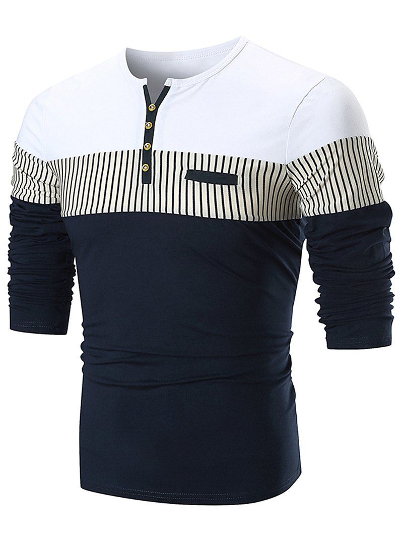 

Stripe Panel Notch Neck Long Sleeve T-shirt, Cadetblue