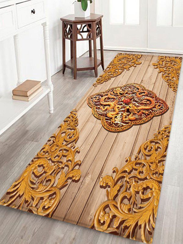 

Retro Carved Dragon and Phoenix Print Indoor Floor Rug, Gold