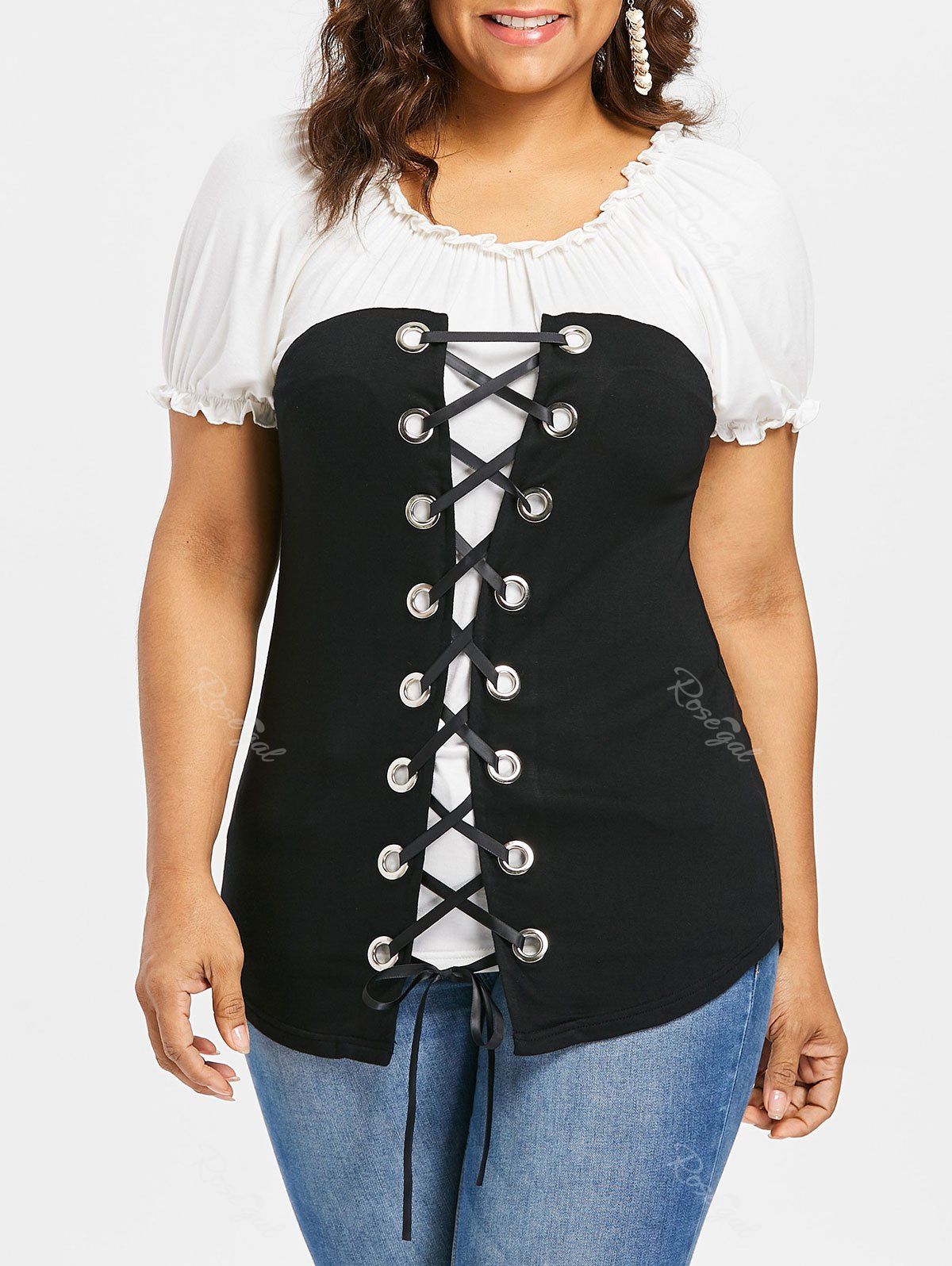 

Plus Size Two Tone Lace Up T-shirt, Black