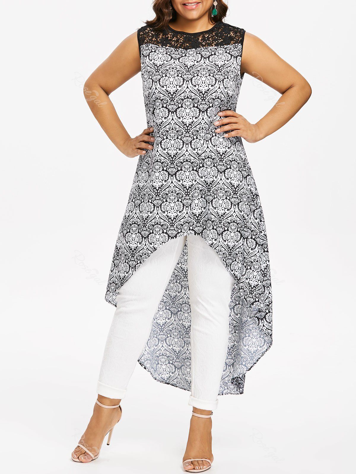 

Lace Panel Plus Size Printed High Low Blouse, Multi