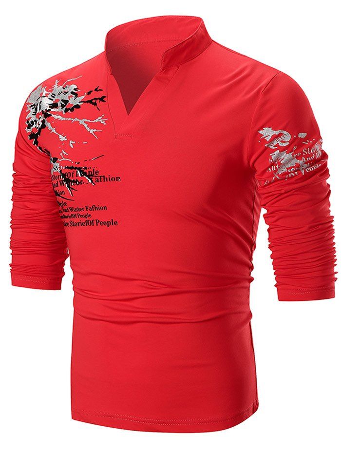 

Letter Print Notch Neck Slim Fit T-shirt, Red