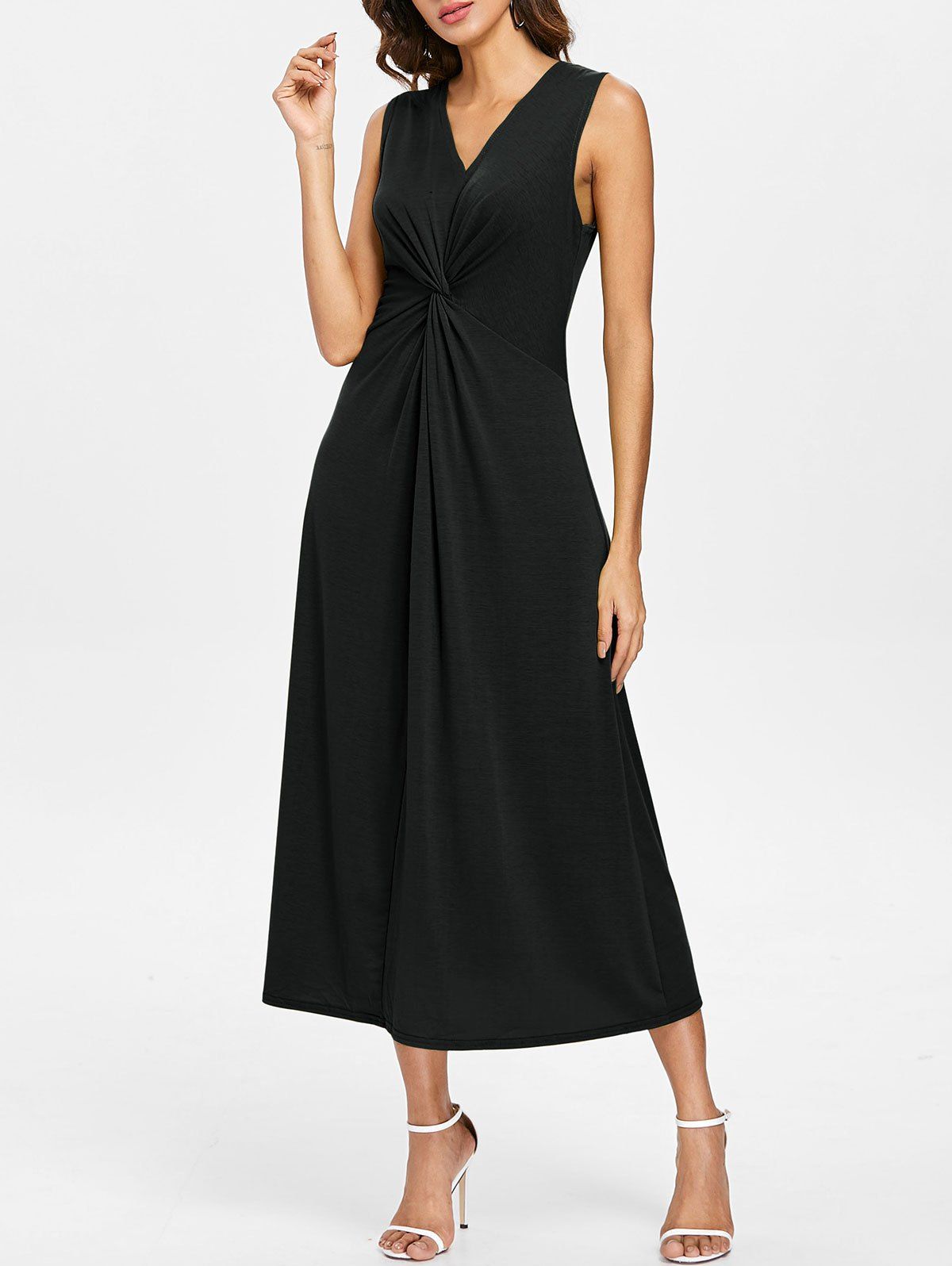 

V Neck Casual Twist Dress, Black