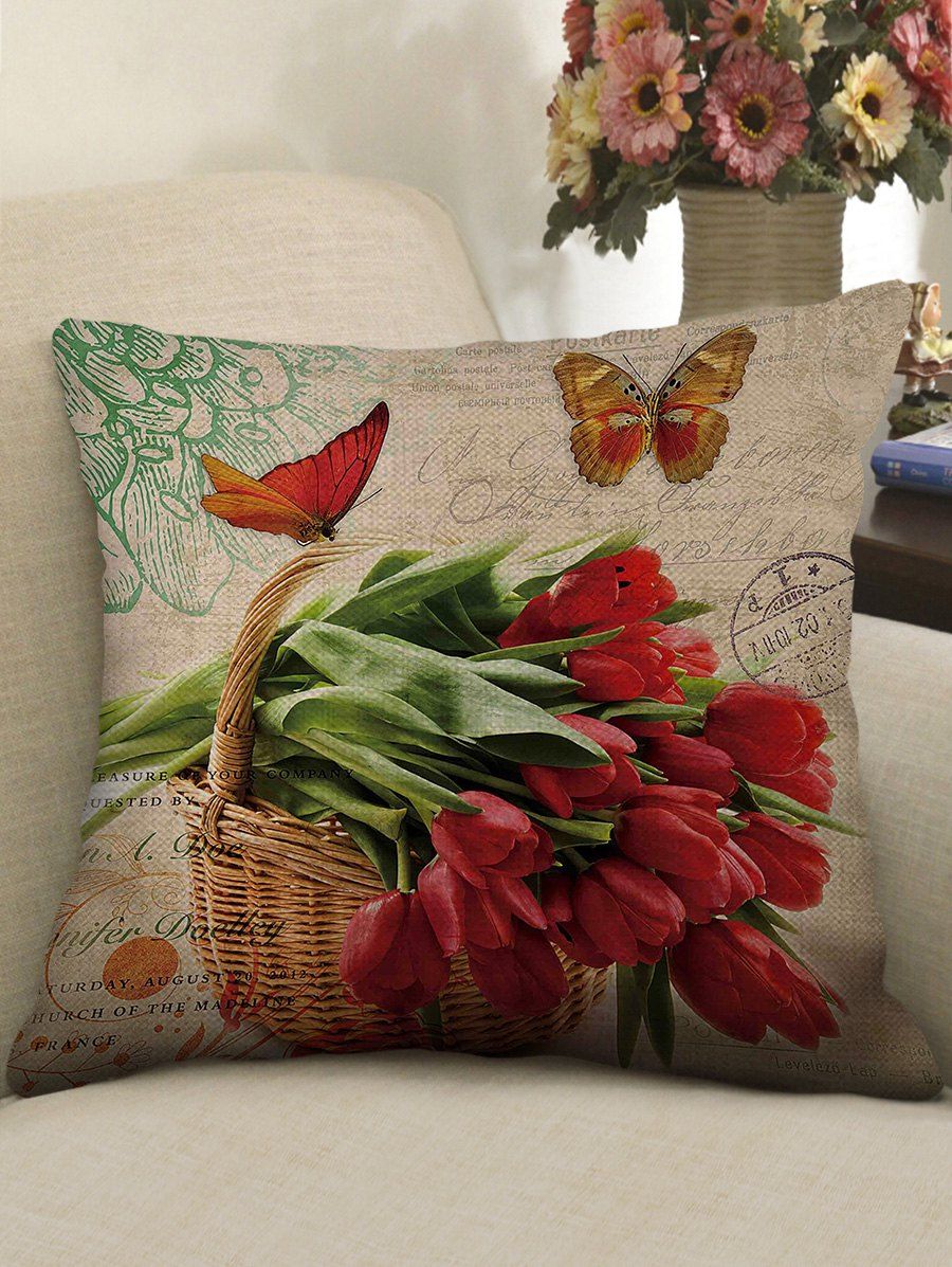 

Butterfly and Flowers Print Decorative Linen Sofa Pillowcase, Multi