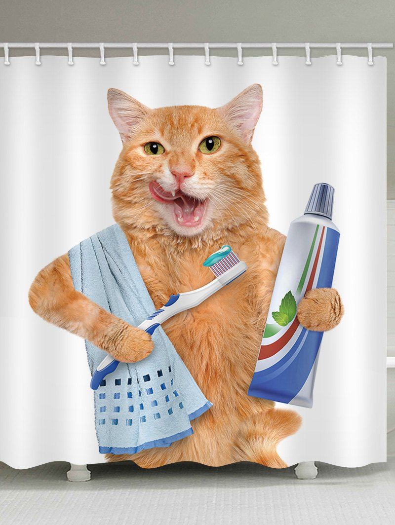 

Orange Cat Brushing Teeth Print Shower Curtain, White