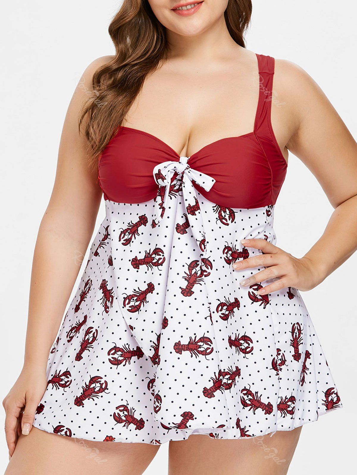

Plus Size Polka Dot Crayfish Print Tankini Set, White