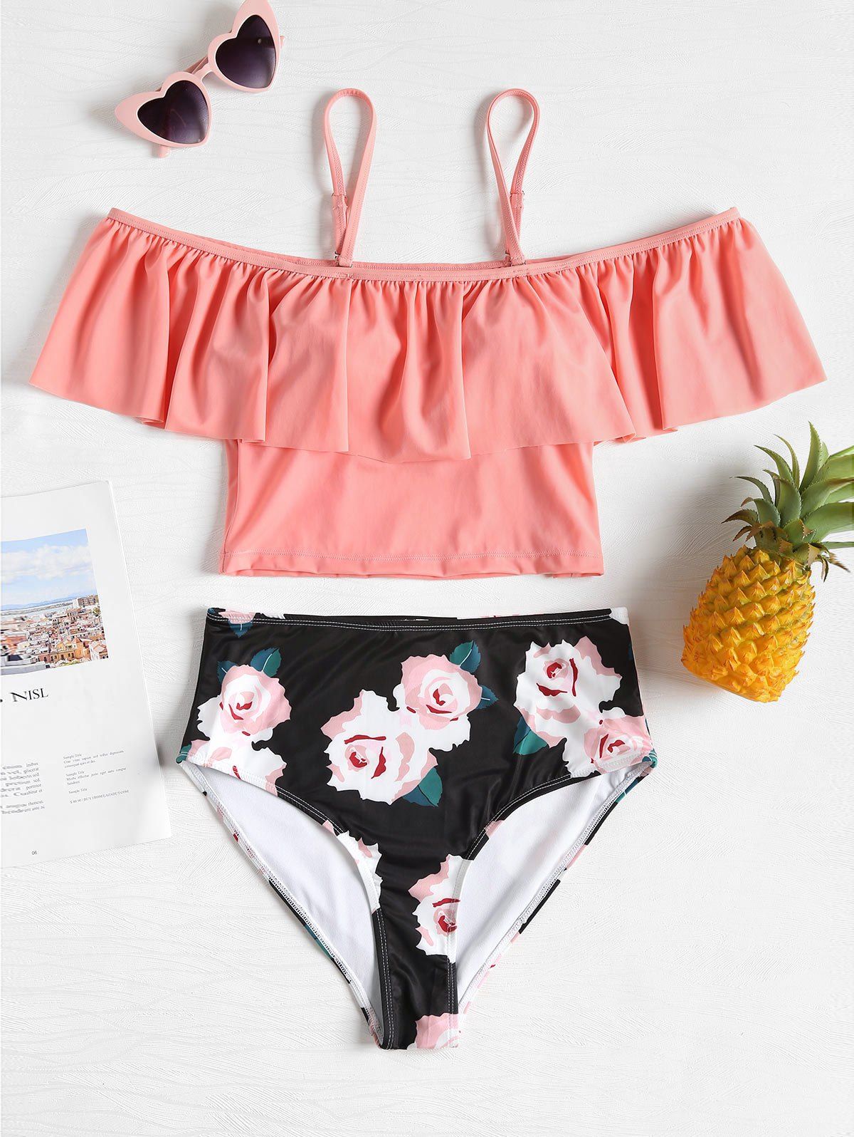 

Flounce High Waisted Floral Swimsuit, Orange pink