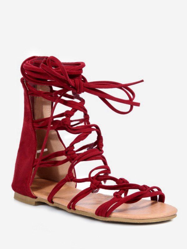 

Plus Size Knot Cut Out Flat Heel Ankle Strap Sandals, Red wine