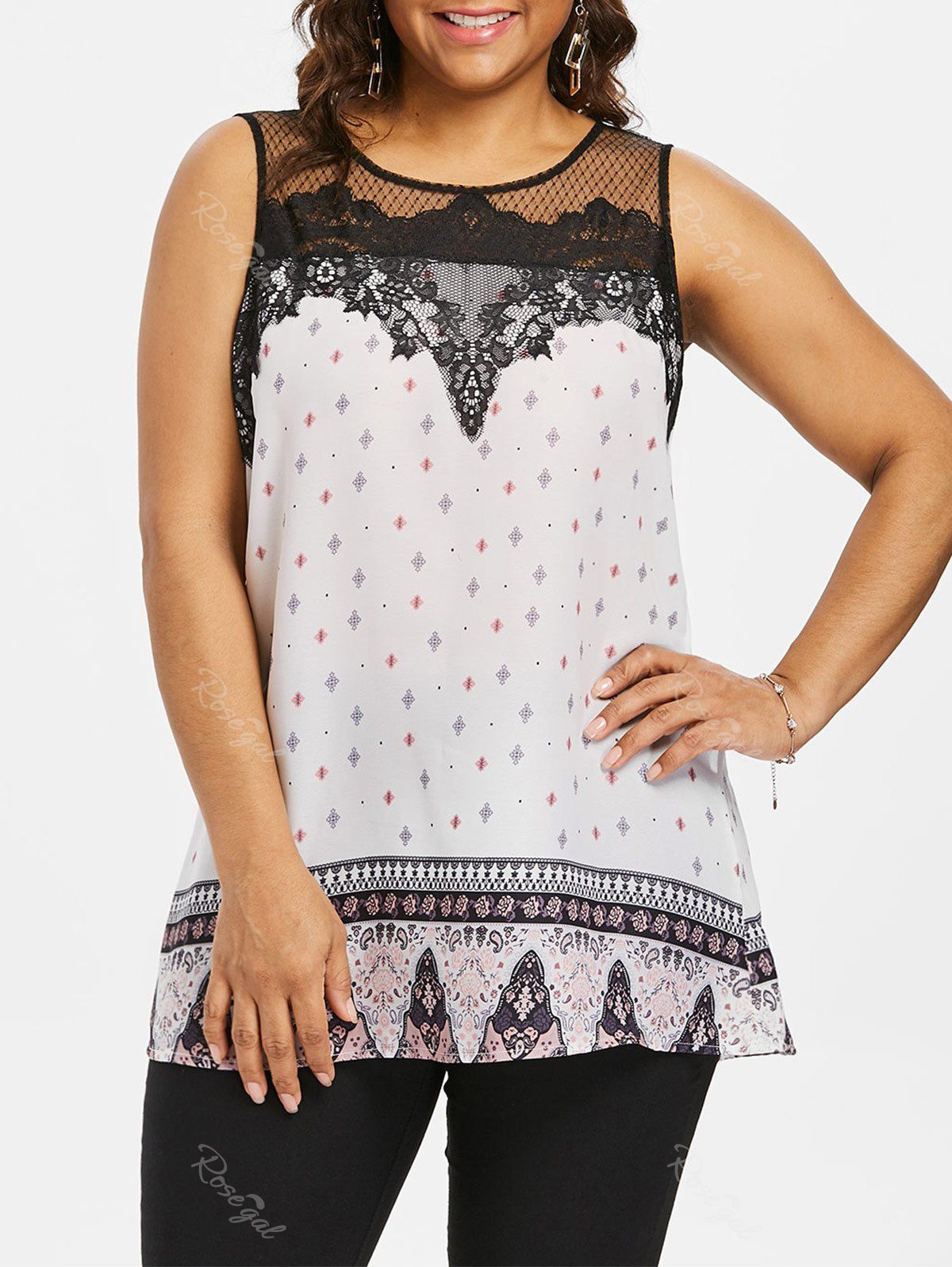 

Plus Size Lace Mesh Yoke Tank Top, Beige