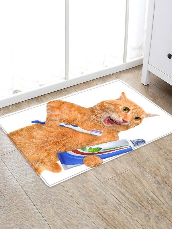 

Orange Cat Brushing Teeth Flannel Skidproof Bathroom Rug, White