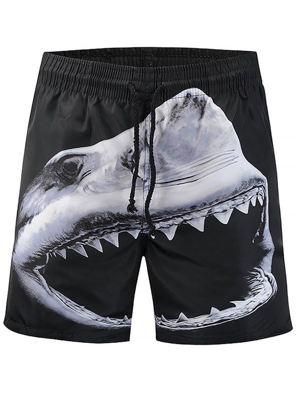 

Shark Print Drawstring Quick Drying Beach Shorts, Black