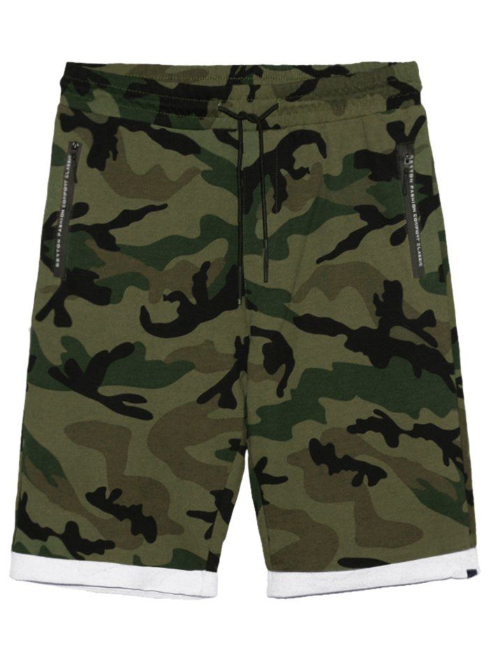 

Zip Pockets Camo Panel Casual Shorts, Camouflage green