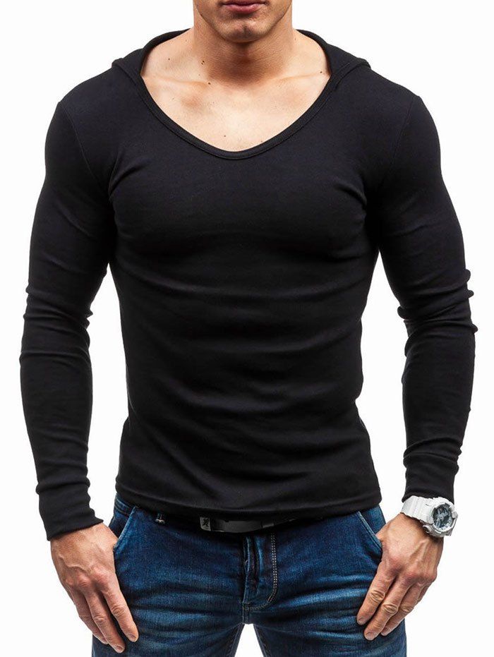

Solid Color Hooded Long Sleeve T-shirt, Black