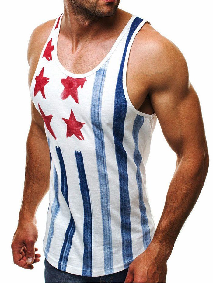 

Round Neck Stripes Stars Print Tank Top, White