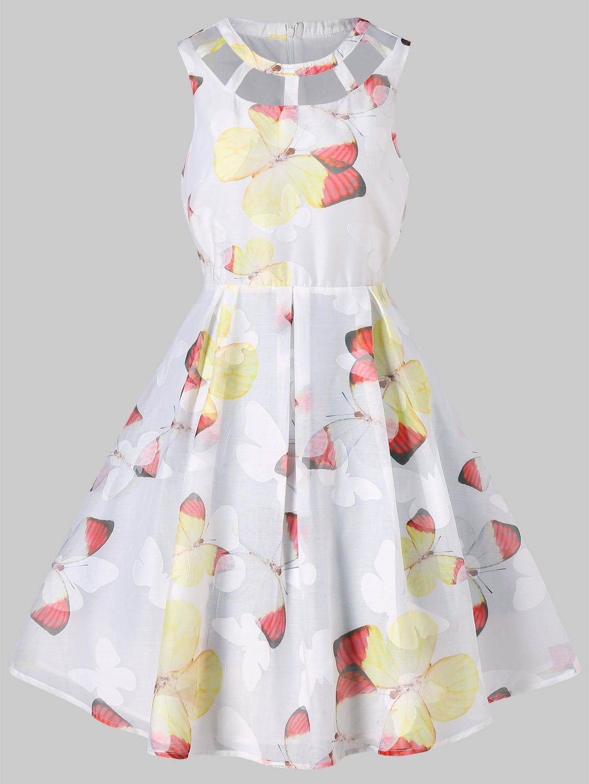 

Butterflies Print Sleeveless Flare Dress, White