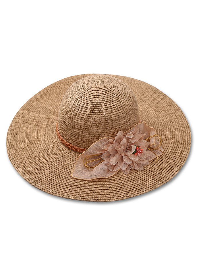 

Vintage Braid Ribbon Floral Straw Sun Hat, Camel brown