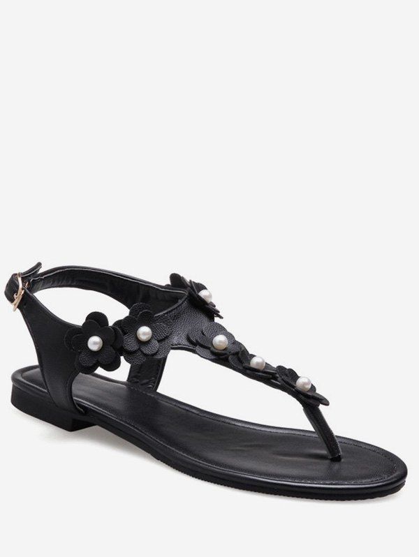 

Plus Size Buckled Flat Heel Flower Leisure Thong Sandals, Black