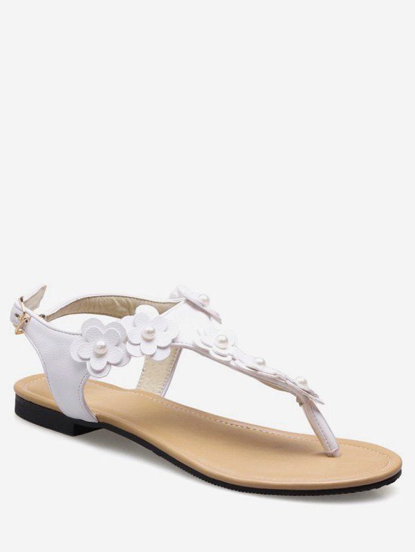 

Plus Size Buckled Flat Heel Flower Leisure Thong Sandals, White