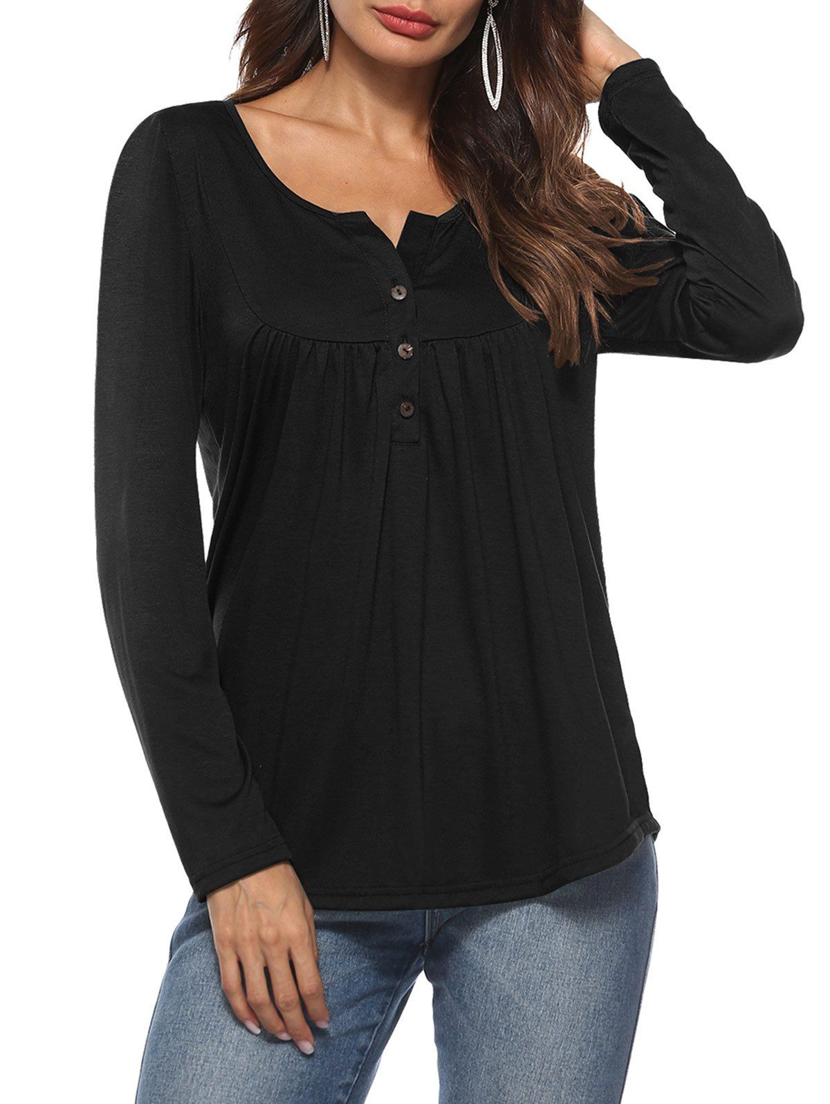 

Button Embellished Long Sleeve Top, Black
