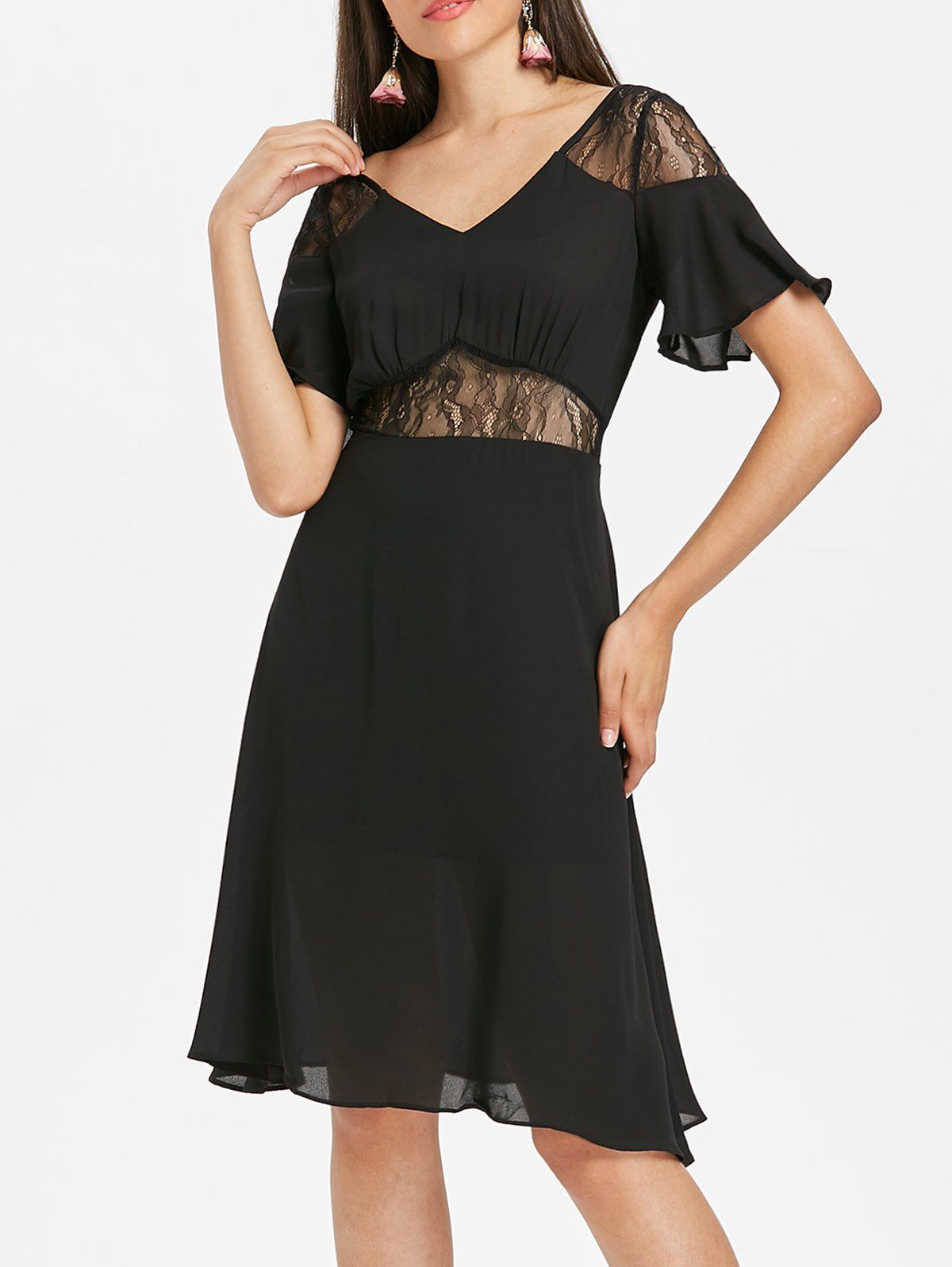 

Lace Panel Knee Length Dress, Black