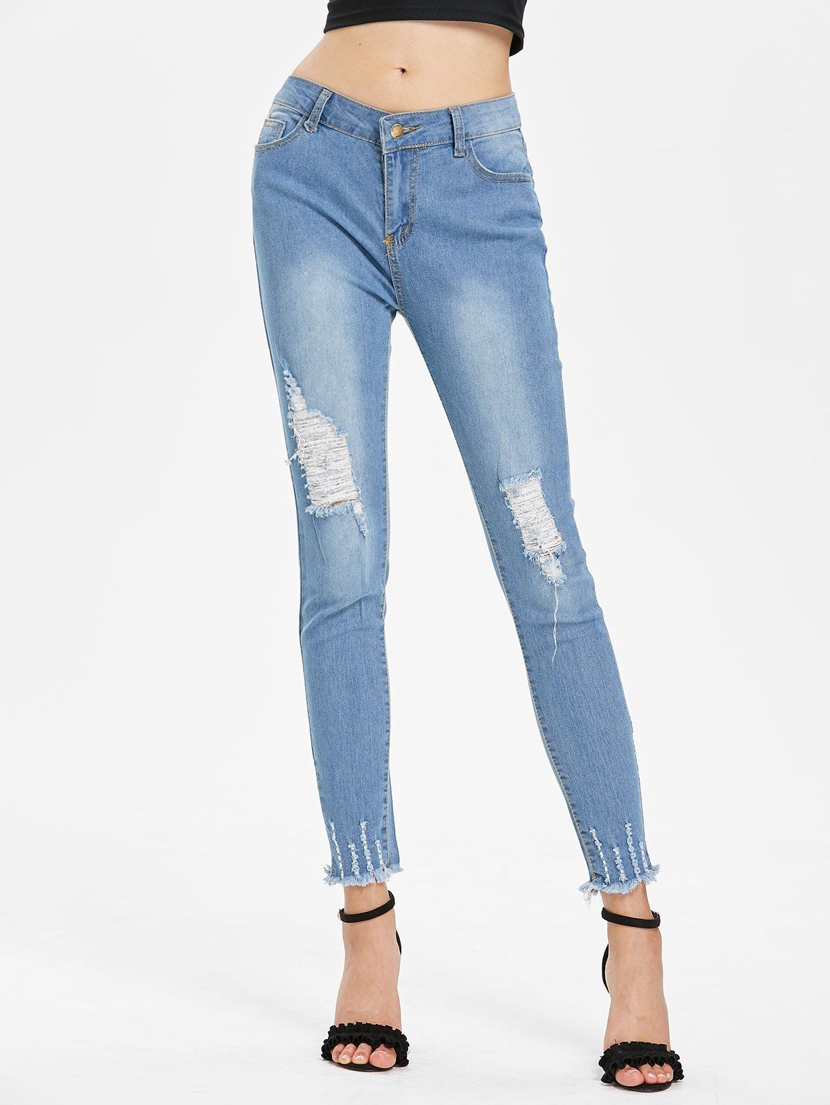 

Zipper Fly Distressed Jeans, Denim blue