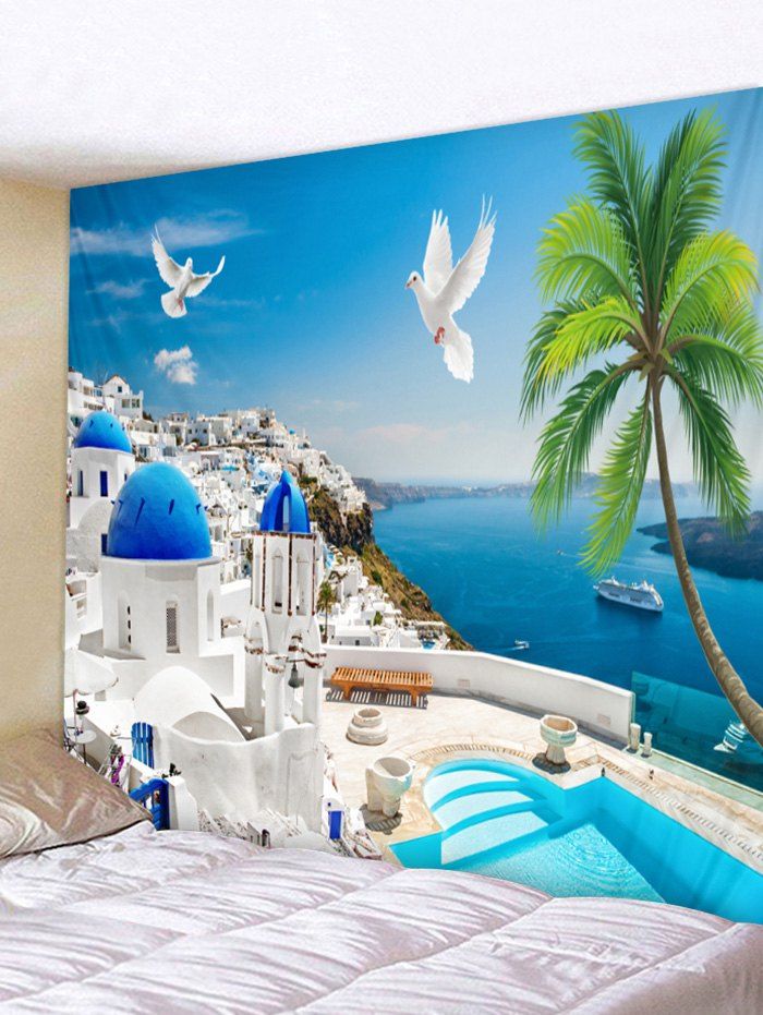 

Santorini Island Pigeon Print Tapestry Wall Decoration, Multi