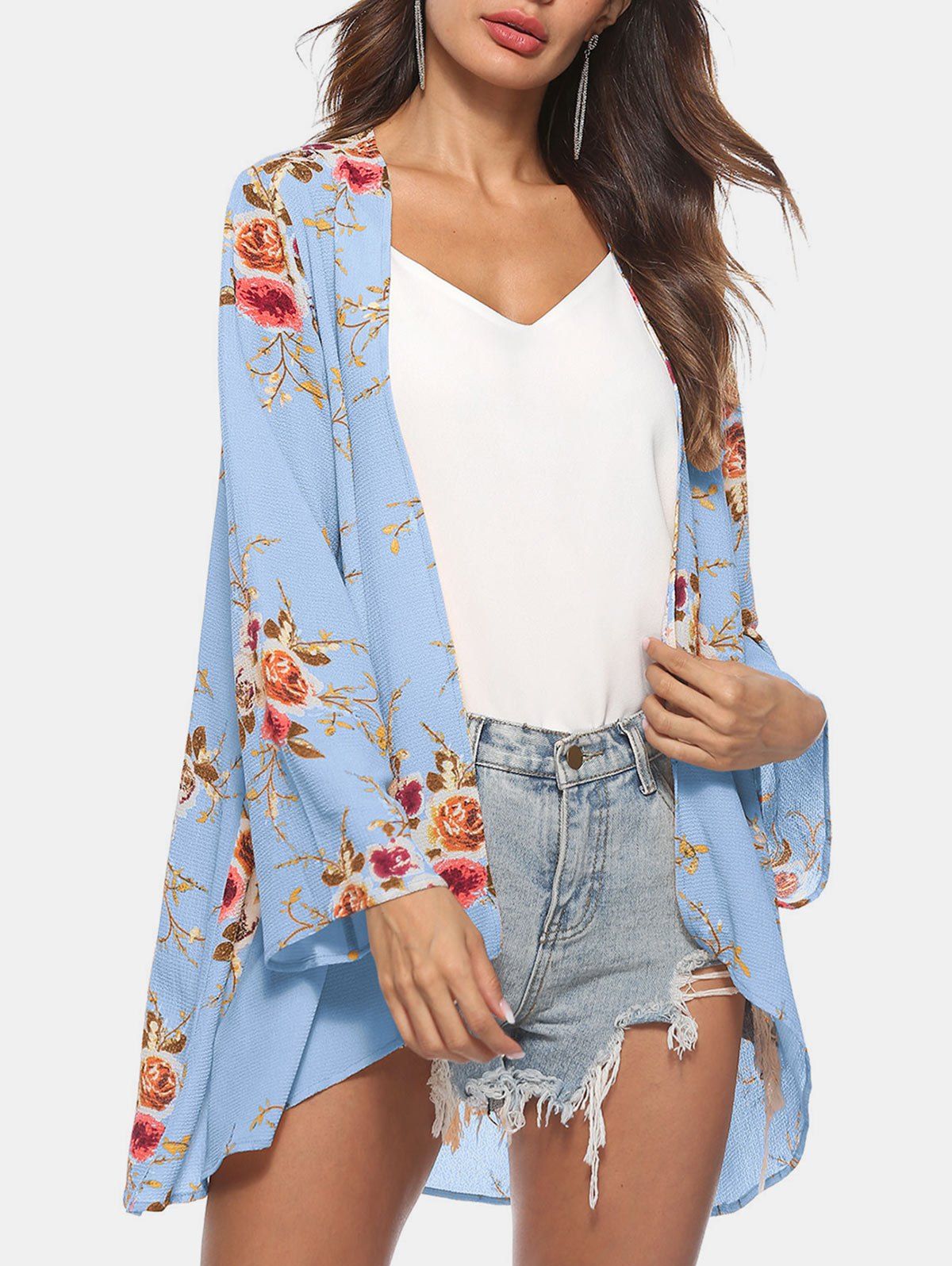 

Floral Print Long Sleeve Kimono, Day sky blue