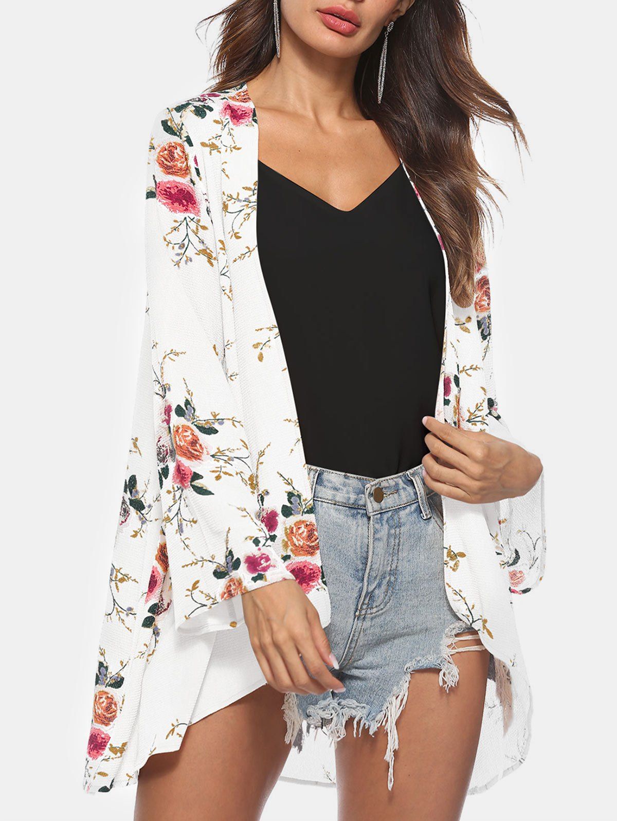 

Floral Print Long Sleeve Kimono, White