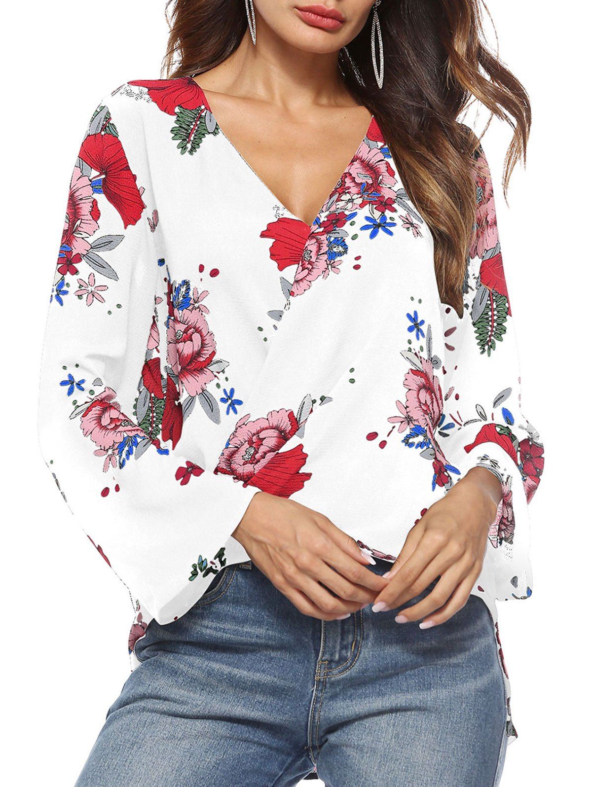 

Plunge Floral Print Blouse, White