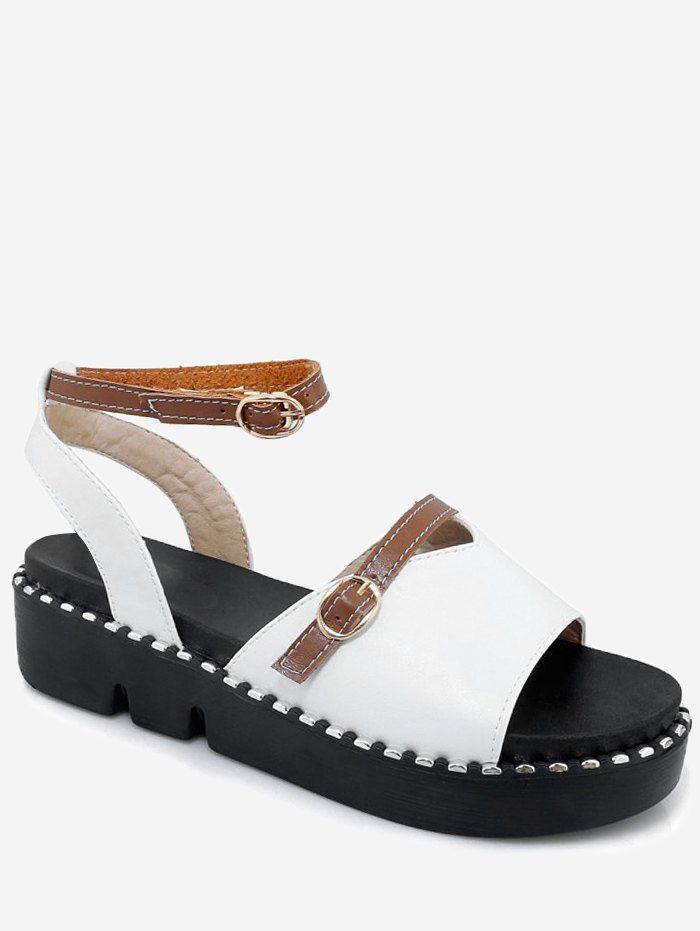 

Plus Size Studded Buckled Platform Ankle Strap Sandals, White