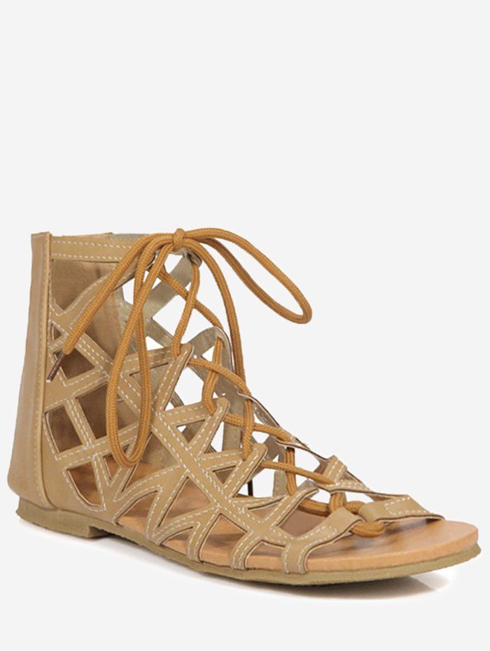 

Plus Size Chic Hollow Out Cross Strap Lace Up Sandals, Camel brown