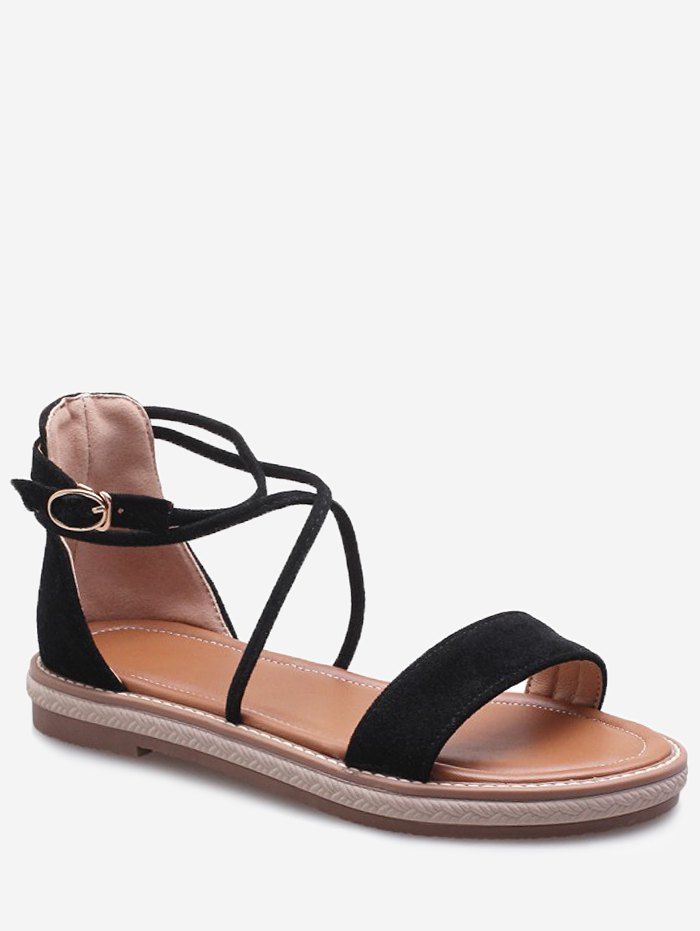 

Plus Size Ankle Strap Low Heel Chic Sandals for Vacation, Black