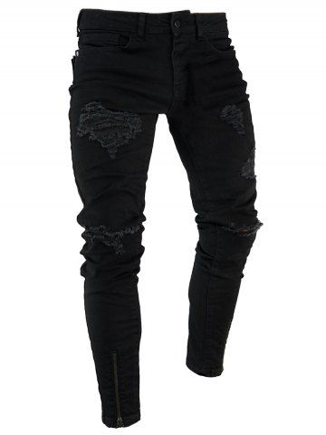 

Stretchy Destroyed Holes Zipper Embellished Jeans, Black