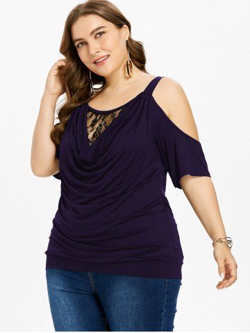 

Plus Size Lace Insert Cowl Neck T-shirt, Purple monster