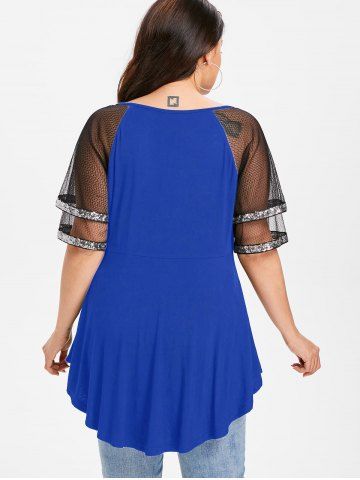 

Plus Size Mesh Shoulder Sparkly T-shirt, Blue