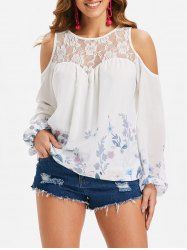Floral Long Sleeve Cutout Shoulder Blouse -  