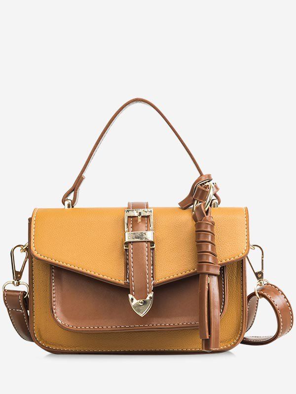 

Contrasting Color Minimalist Flapped Buckled Crossbody Bag, Brown