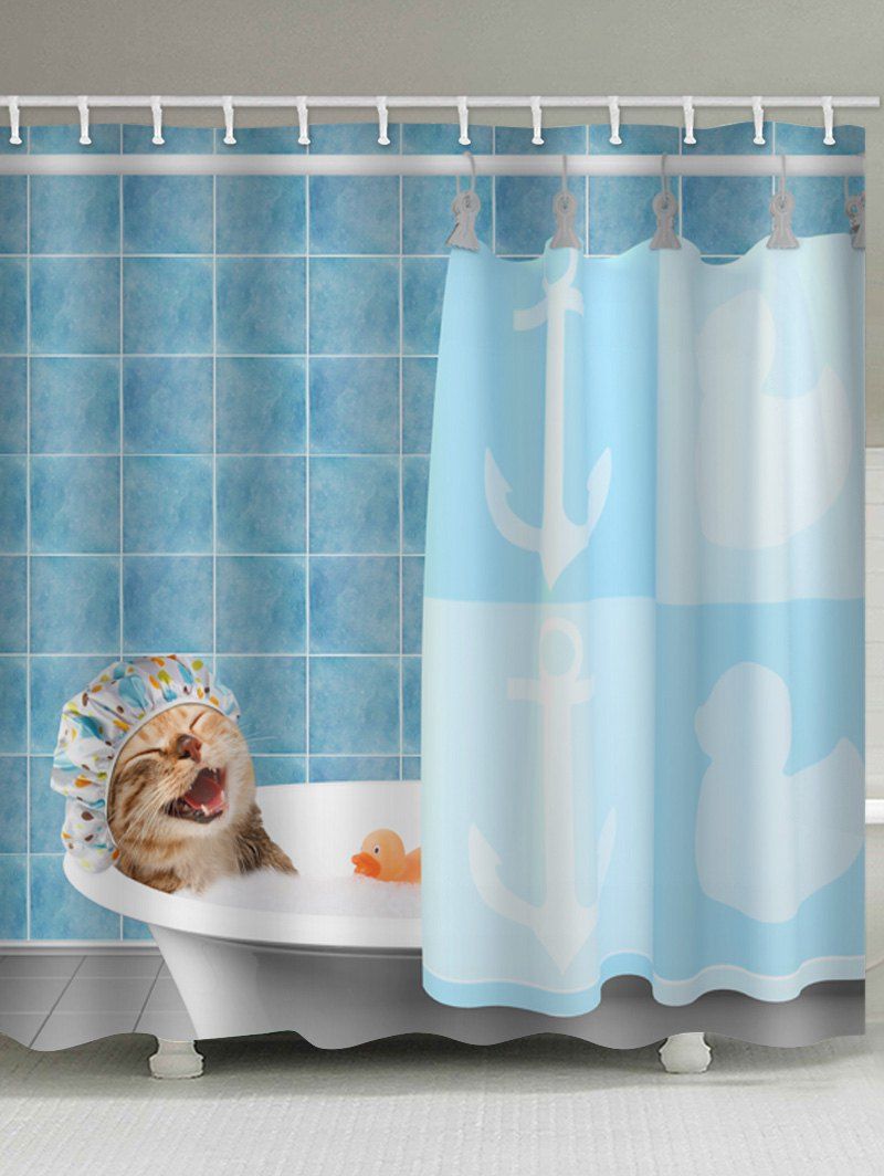 

Funny Kitten Bathing Print Bathroom Decor Shower Curtain, Blue gray